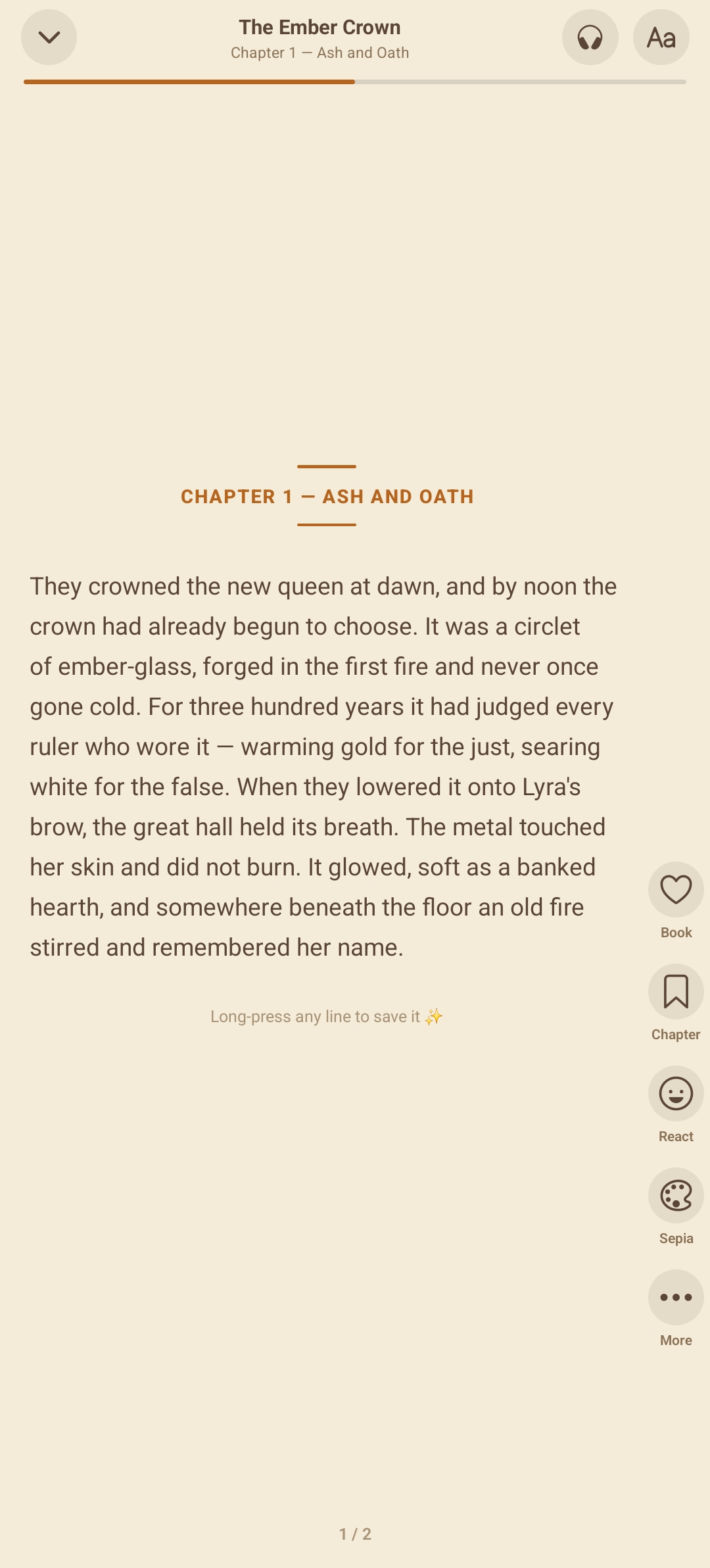 ReadEra clone reading screen with sepia theme, fonts, and adjustable margins